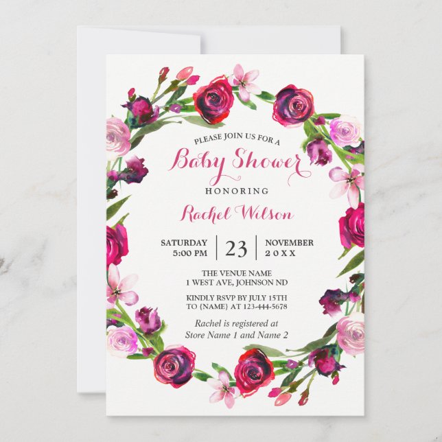 Invitación a Baby Shower rosa romántico floral (Anverso)