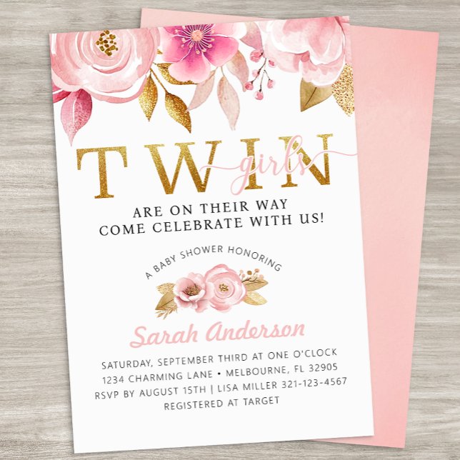 Invitación a Baby Shower rosa Rubor para Chicas ge (Twin Girls Baby Shower Invite)