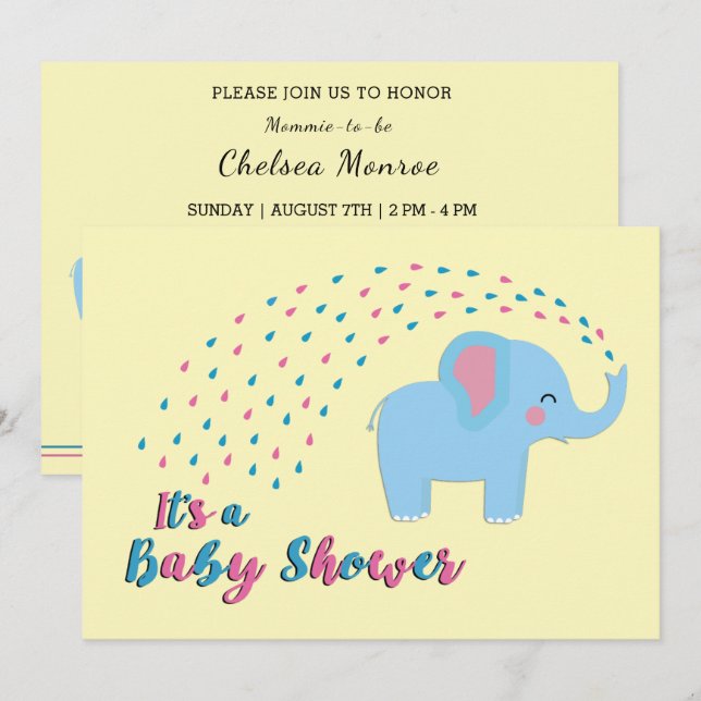 Invitación a Baby Shower rosa y azul para elefante (Anverso / Reverso)