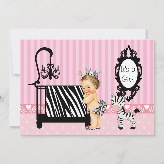 Invitación a Baby Shower rosa y cebra (Anverso)