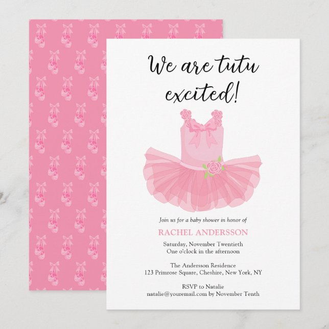 Invitación a Baby Shower rosada de Ballerina Tutu (Anverso / Reverso)