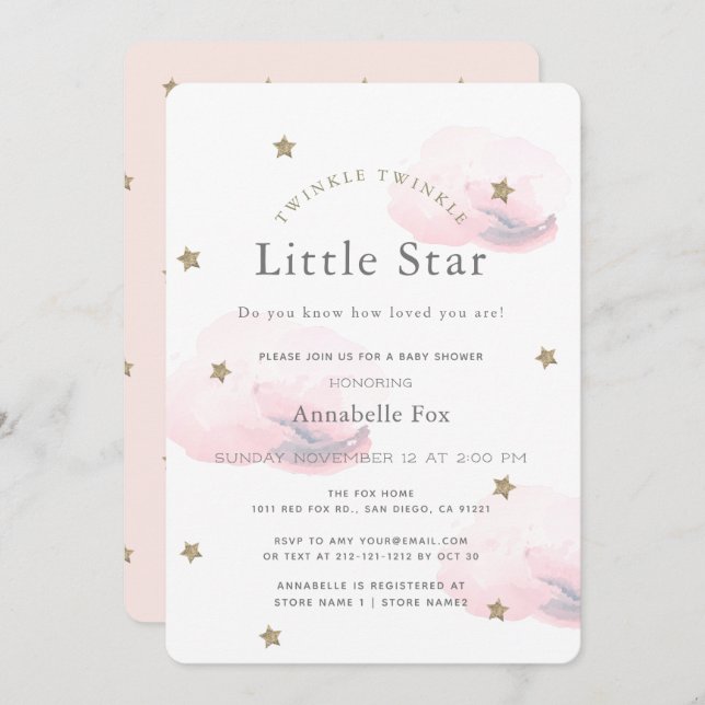 Invitación a Baby Shower rosada de estrella pequeñ (Anverso / Reverso)