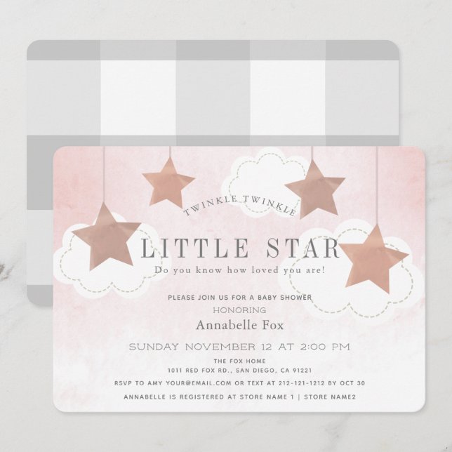 Invitación a Baby Shower rosada de estrella pequeñ (Anverso / Reverso)