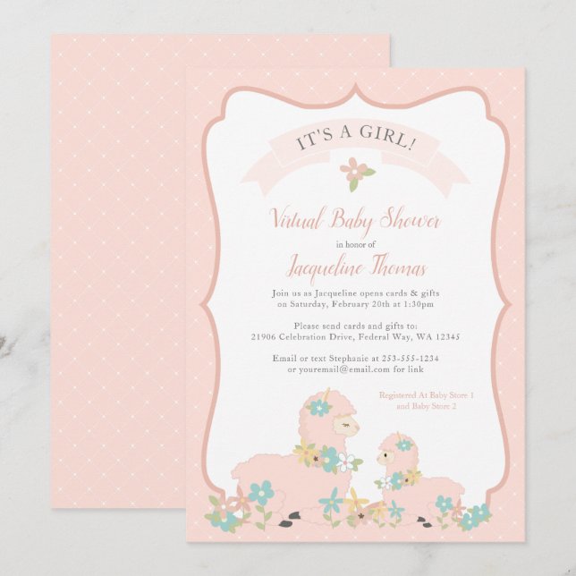Invitación a Baby Shower rosada por chica Llama (Anverso / Reverso)
