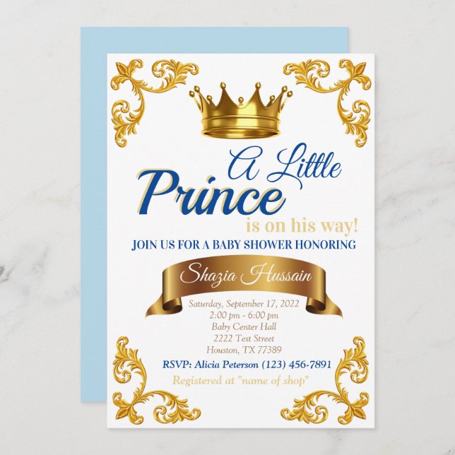 Invitación a Baby Shower Royal Prince (Anverso / Reverso)