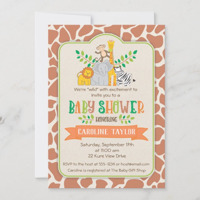 Invitación a Baby Shower Safari de animales de la  (Anverso)