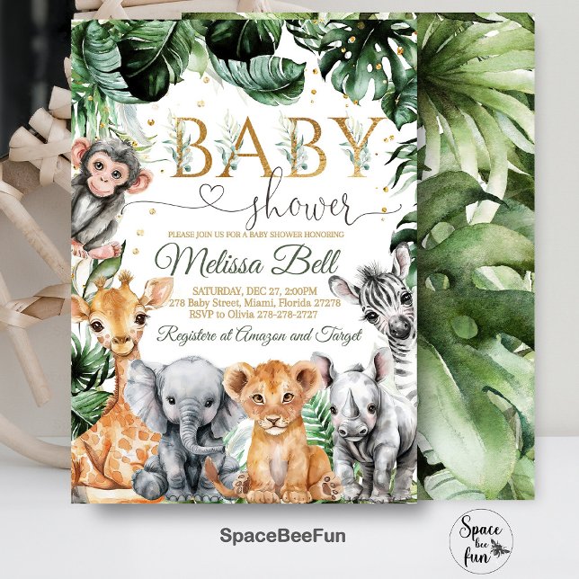 Invitación a Baby Shower Safari, jungla de Boy Saf (Safari Baby Shower Invitation, Boy Safari Jungle  Animals Baby Shower Invite, Wild One Invite, Green)