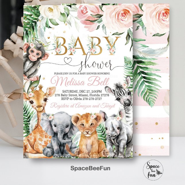 Invitación a Baby Shower Safari, jungla Safari Gir (Editable Safari,Baby Shower,Invitation,Girl Safari,Jungle  Animals,Baby Shower Invite,Wild One Invit)