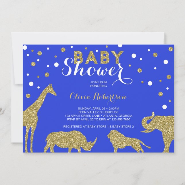 Invitación a Baby Shower Safari, oro falso, azul (Anverso)