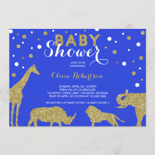 Invitación a Baby Shower Safari, oro falso, azul