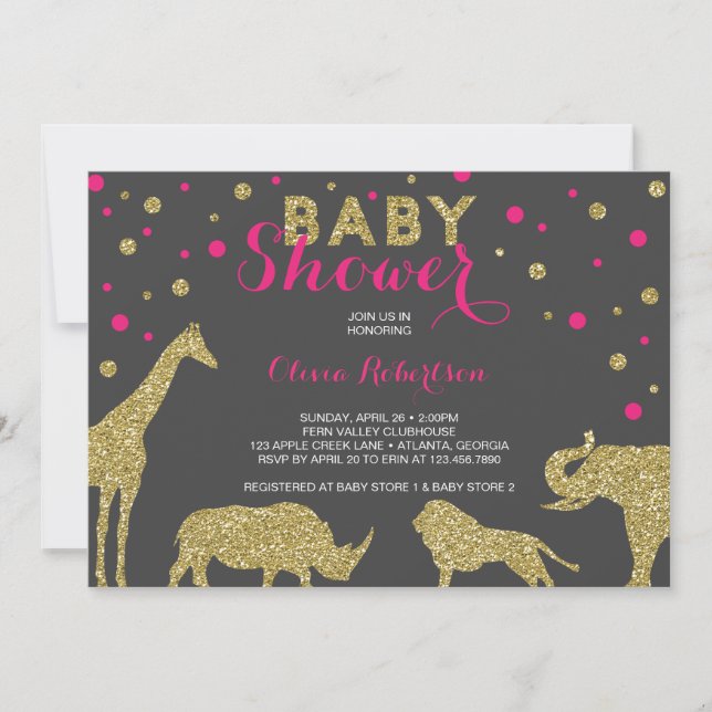 Invitación a Baby Shower Safari, oro falso, rosa (Anverso)