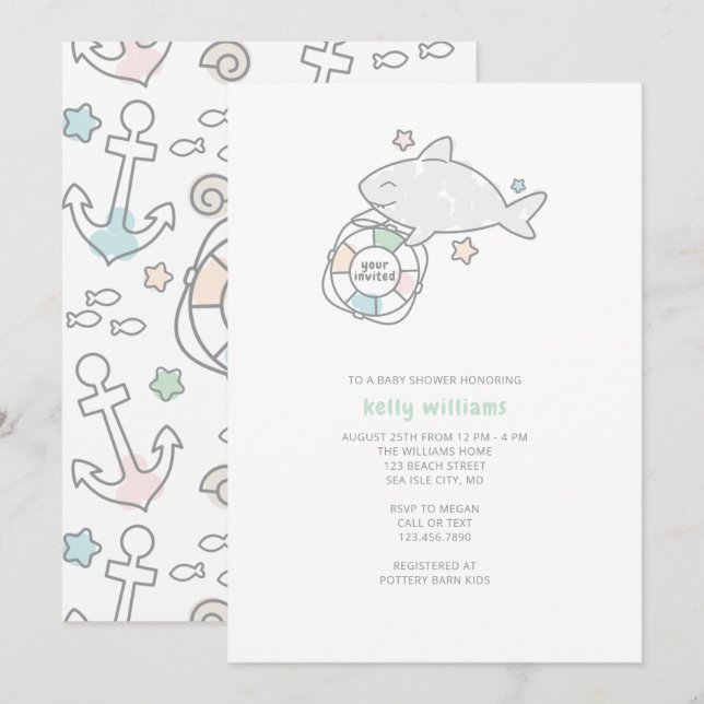 Invitación a Baby Shower Shark Ahoy (Anverso / Reverso)