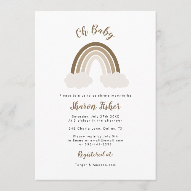 Invitación a Baby Shower sobre el arco iris neutra (Anverso)