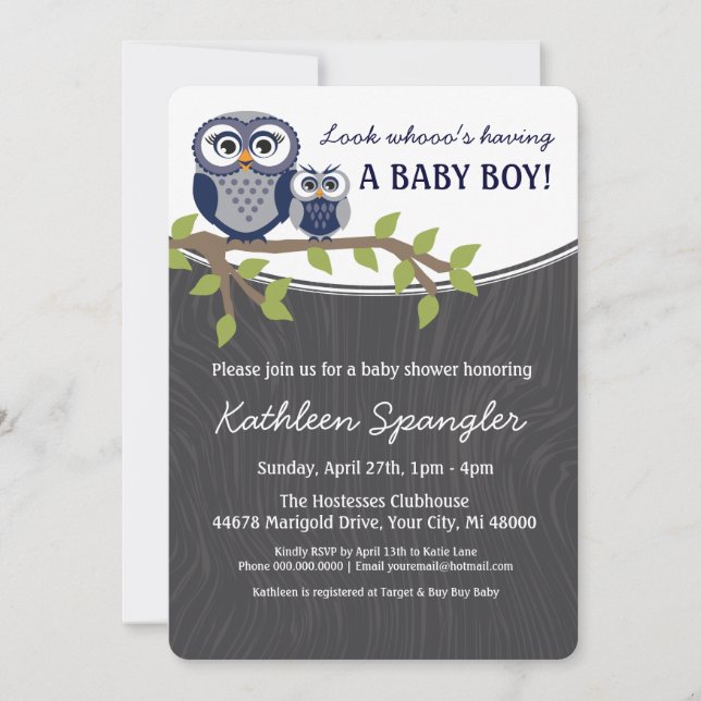 Invitación a Baby Shower sobre el tema de búho (Anverso)