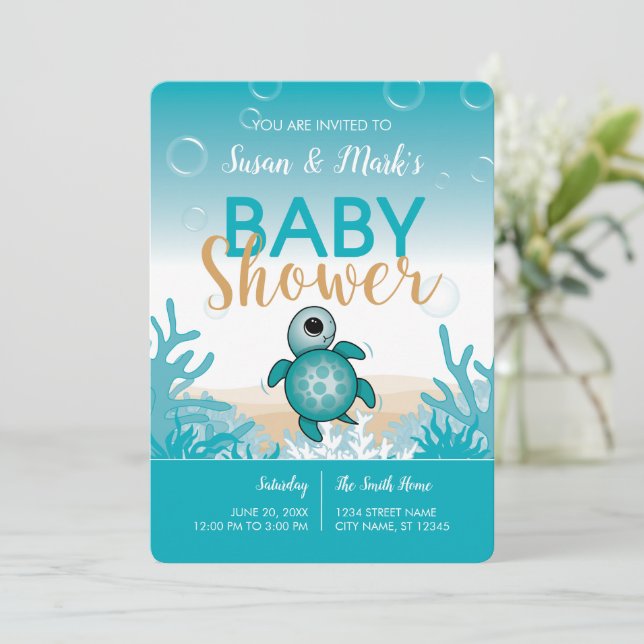 Invitación a Baby Shower sobre el tema de la tortu (Anverso de pie)