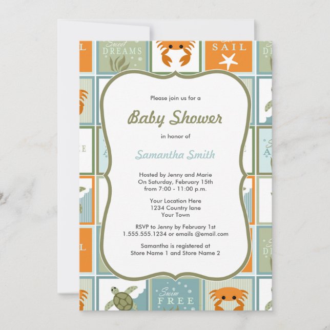 Invitación a Baby Shower sobre el tema del océano (Anverso)