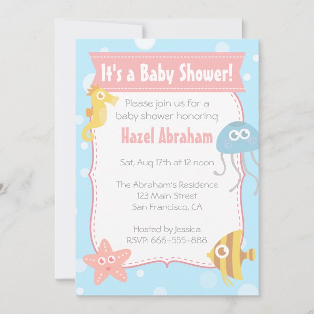 Invitación a Baby Shower sobre el tema subacuático (Anverso)