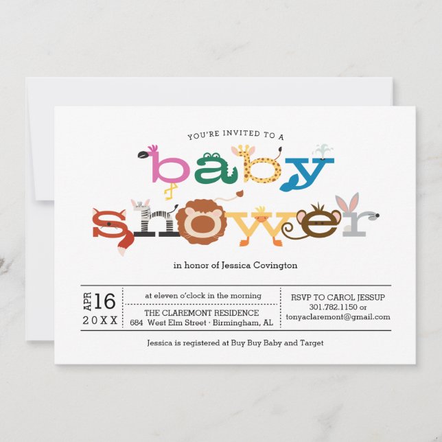 Invitación a Baby Shower sobre el tema zoológico a (Anverso)