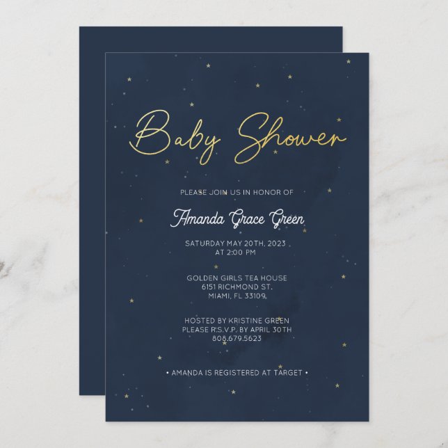 Invitación a Baby Shower Starry Night (Anverso / Reverso)