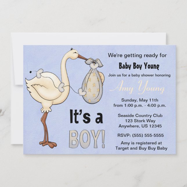 Invitación a Baby Shower Stork Blue Boy (Anverso)