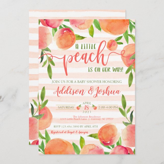 Invitación a Baby Shower Sweet Little Peach (Anverso / Reverso)