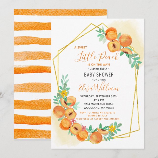 Invitación a Baby Shower Sweet Little Peach (Anverso / Reverso)