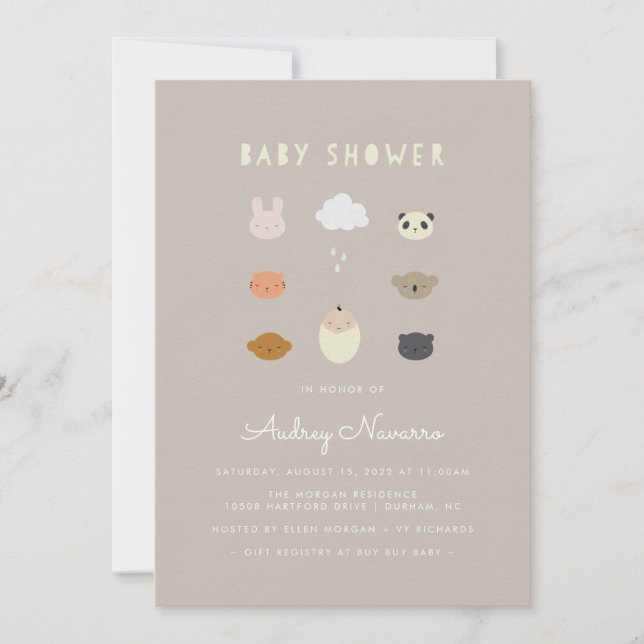 Invitación a Baby Shower Taupe de Animal Friends (Anverso)