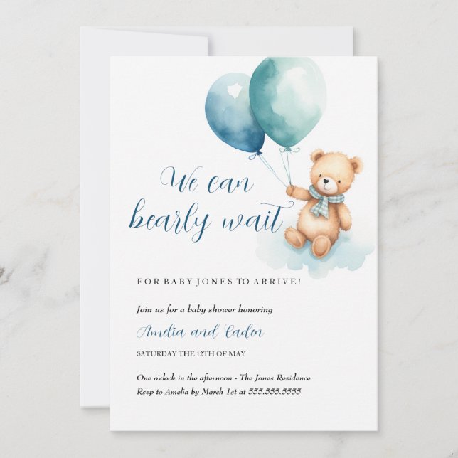 Invitación a baby shower Teddy Bear Boy Bearly Wai (Anverso)