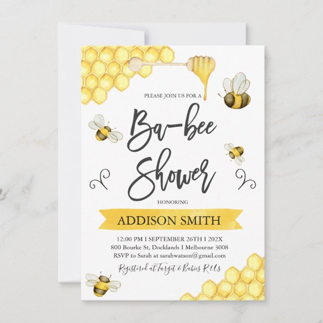 Invitación a Baby Shower temática de Ba-Bee Bee (Anverso)
