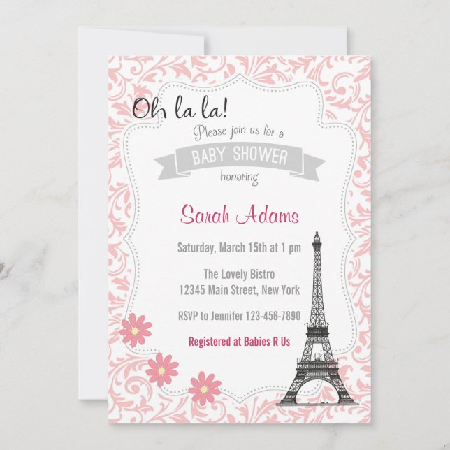 Invitación a Baby Shower temática de París (Anverso)