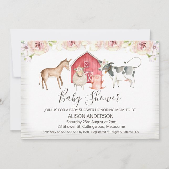 Invitación a Baby Shower temática de una granja rú (Anverso)
