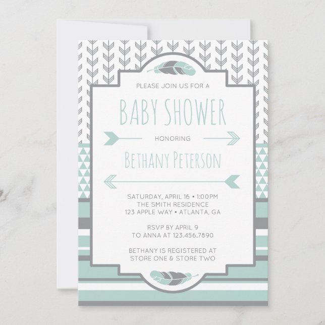 Invitación a Baby Shower tribal, azteca, flechas,  (Anverso)