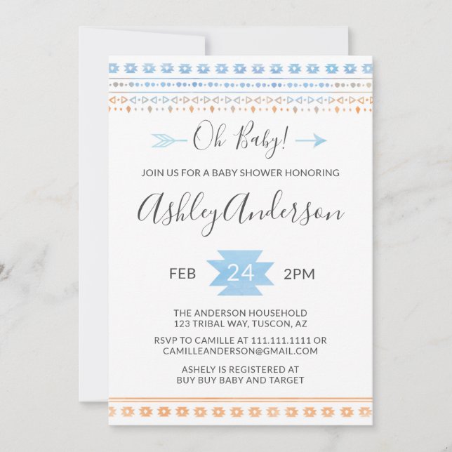 Invitación a Baby Shower tribal azul y Naranja (Anverso)