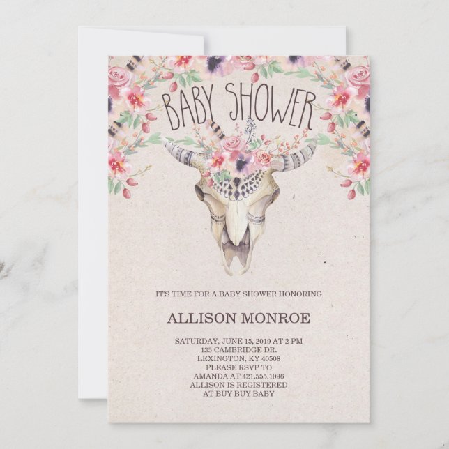 Invitación a Baby Shower tribal Boho y floral (Anverso)