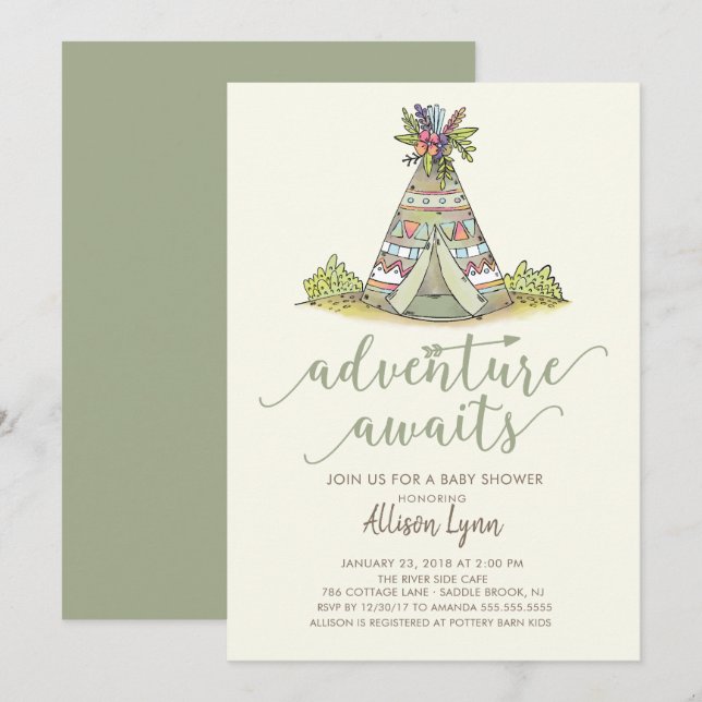 Invitación a Baby Shower tribal de Teepee (Anverso / Reverso)