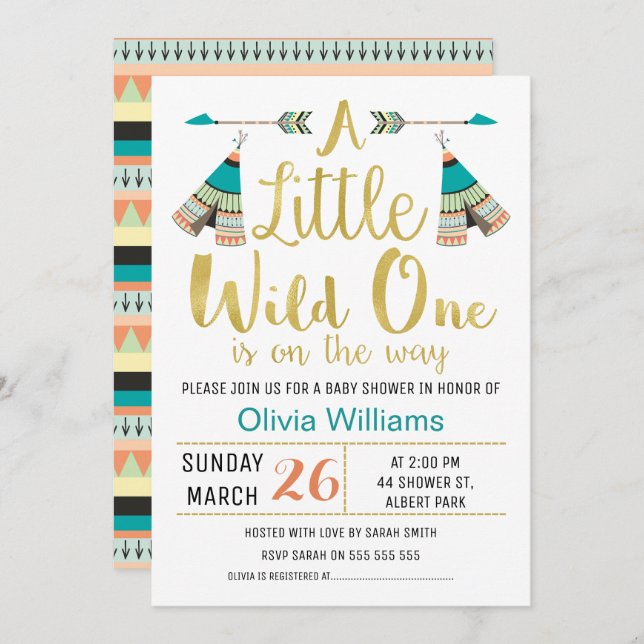 Invitación a Baby Shower Tribal Little One Faux Go (Anverso / Reverso)