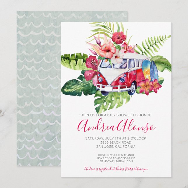 Invitación a Baby Shower Tropical para Bebita de P (Anverso / Reverso)