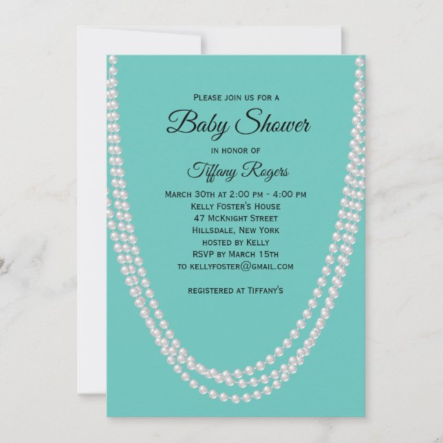 Invitación a Baby Shower Turquoise and Pearls (Anverso)