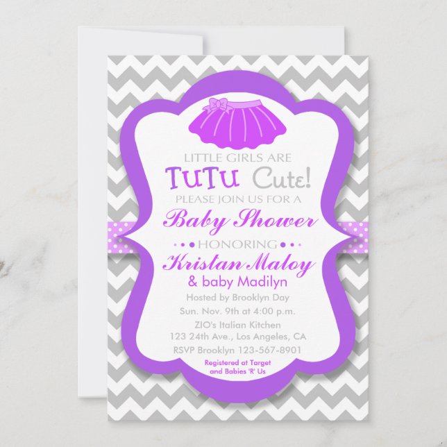 Invitación a Baby Shower Tutu Cute Purple (Anverso)