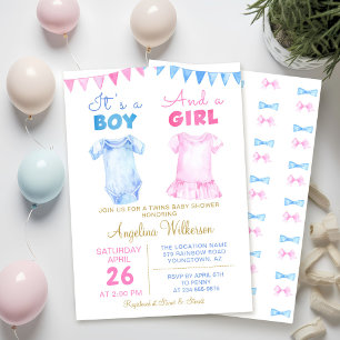 Invitación a Baby Shower Twin Boy y Chica Rosa Azu
