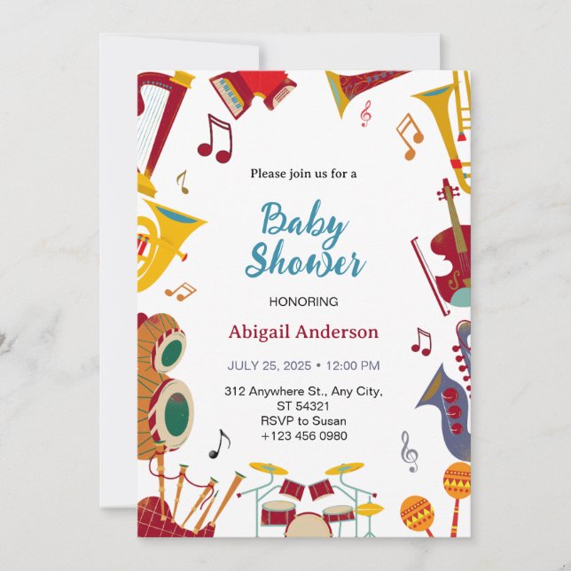 Invitación a Baby Shower única musical de guitarra (Anverso)