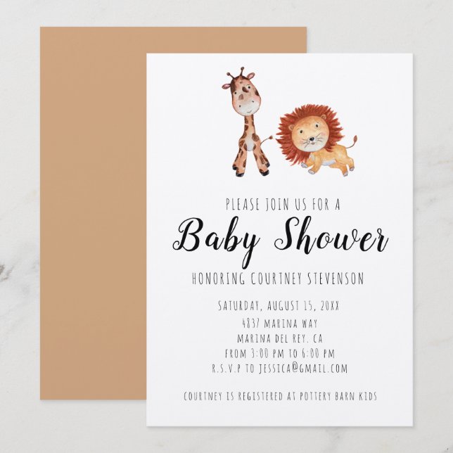 Invitación a Baby Shower Unisex Giraffe & Lion (Anverso / Reverso)
