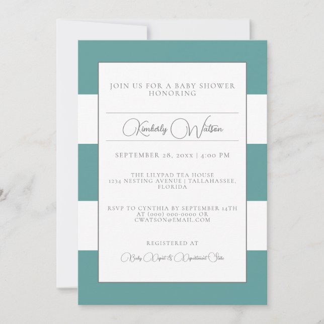 Invitación a Baby Shower verde azulada a rayas (Anverso)