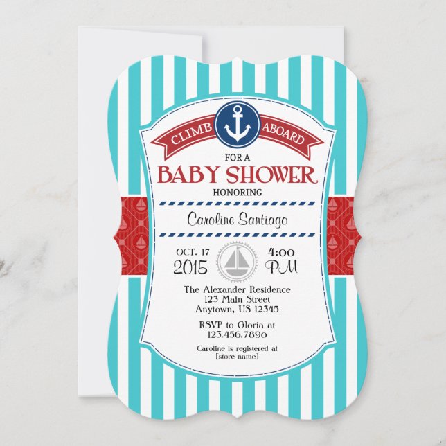 Invitación a Baby Shower Verde azulado rojo (Anverso)