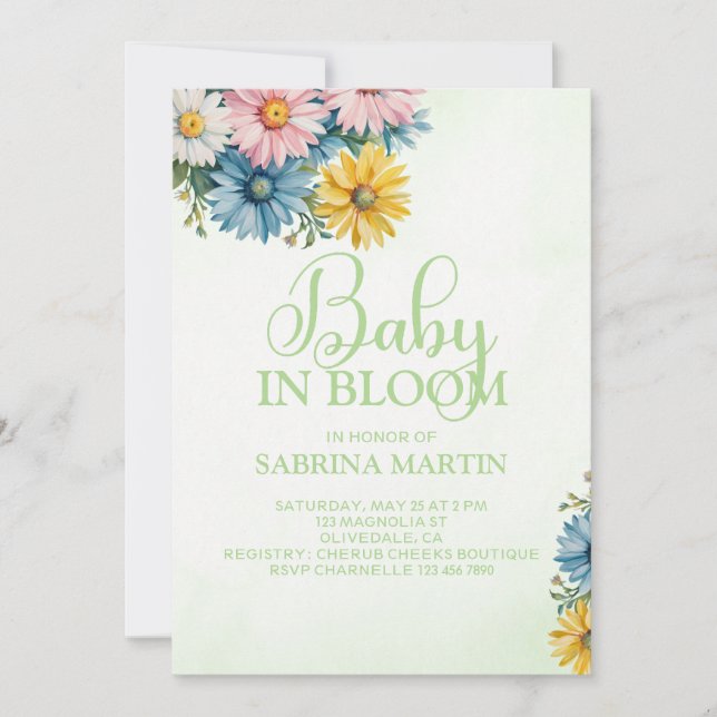Invitación a Baby Shower verde de Baby In Bloom (Anverso)