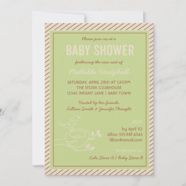 Invitación a Baby Shower verde de Nest Bird Nest (Anverso)