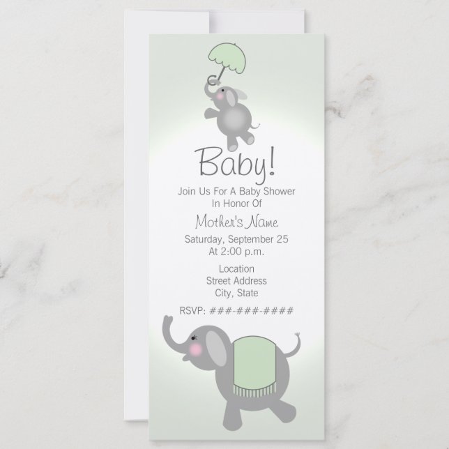 Invitación a Baby Shower verde madre e bebé elefan (Anverso)
