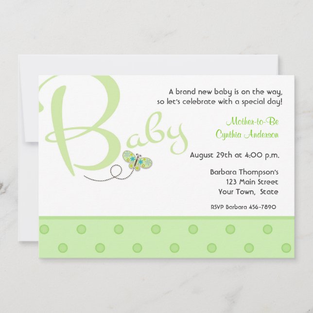 Invitación a Baby Shower verde para el texto del b (Anverso)