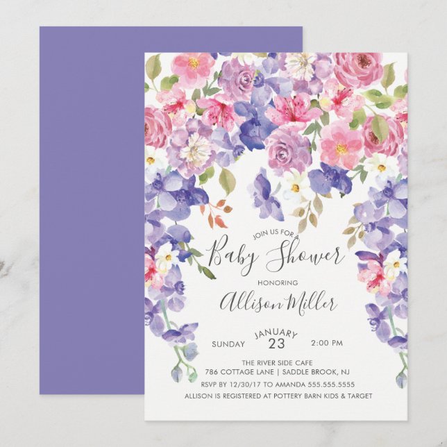 Invitación a Baby Shower violeta morada (Anverso / Reverso)