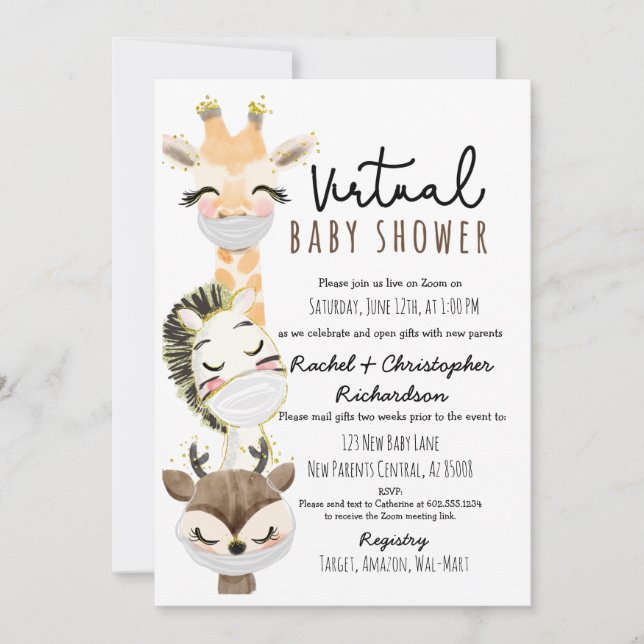 Invitación a Baby Shower virtual animal para nuevo (Anverso)